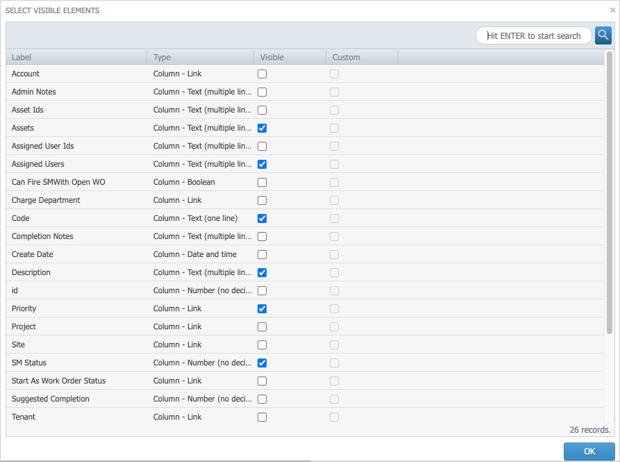 table of available visible elements
