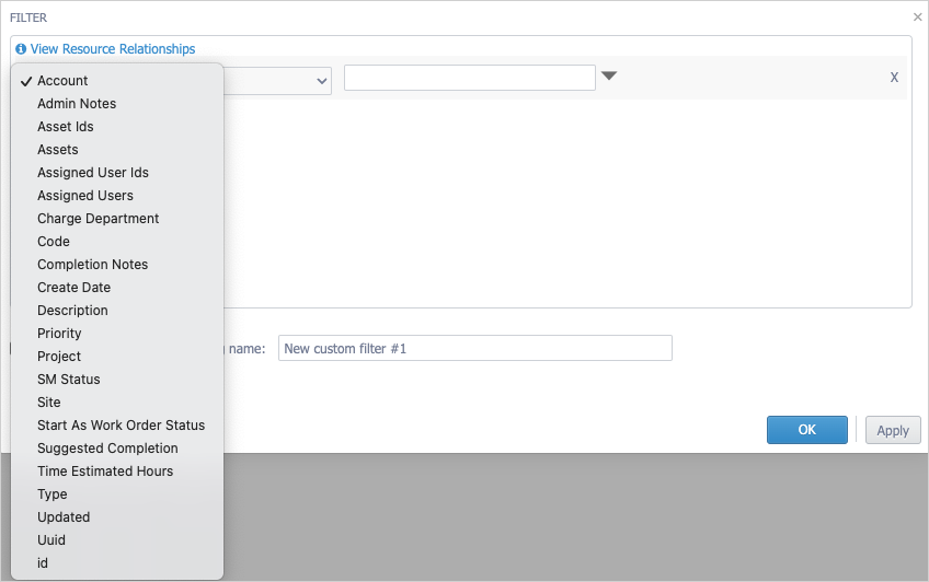 Expanded property drop-down list for custom filters