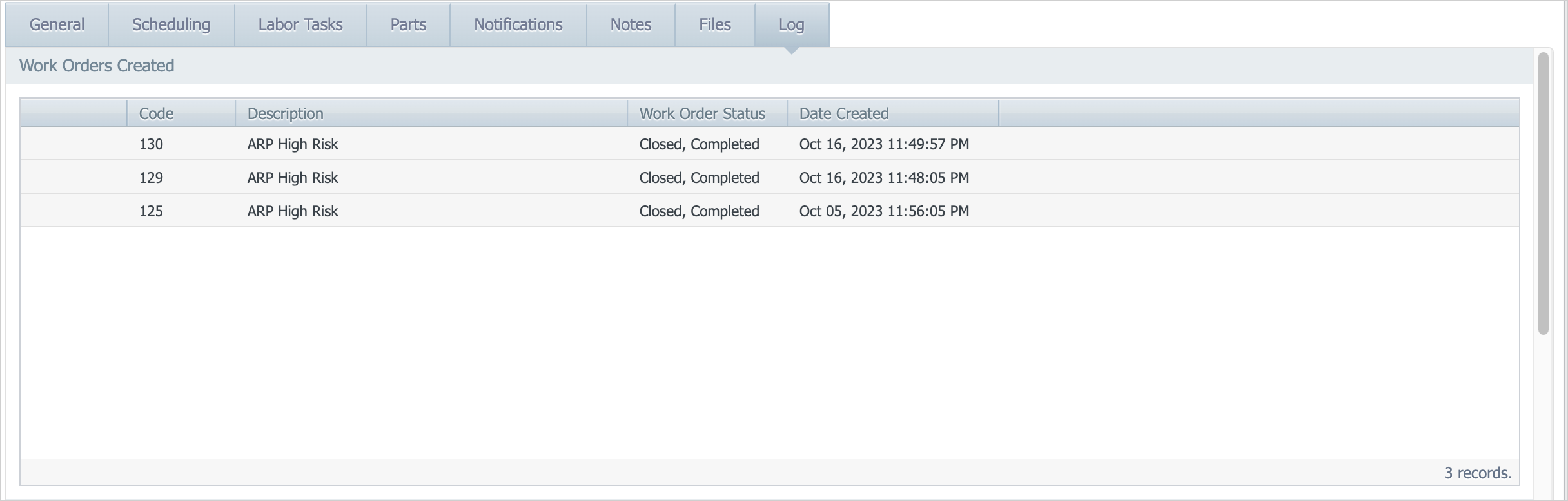 scheduled maintenance log displaying list of generated work orders