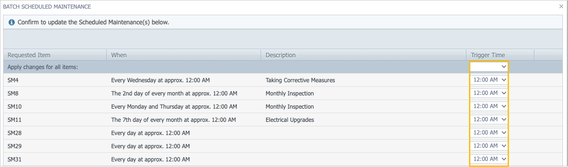 Highlighted trigger time column in bulk edit window for scheduled maintenance