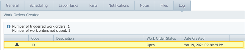 highlighted work order entry in Log tab