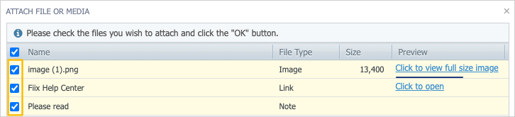 selected and highlighted uploaded attachments in the attachments list