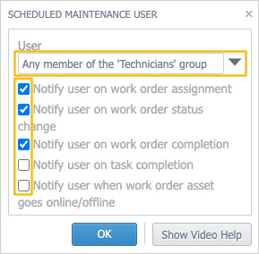 scheduled maintenance notification dialog with selected user group and notification events