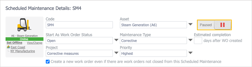 highlighted toggle on scheduled maintenance page, displaying as Paused