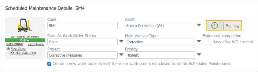 scheduled maintenance record page, with toggle displaying 'Running' highlighted
