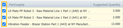 parts list with selected parts and highlighted checkboxes