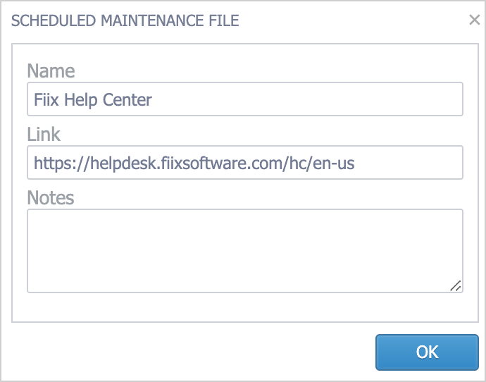 Link dialog box with sample info