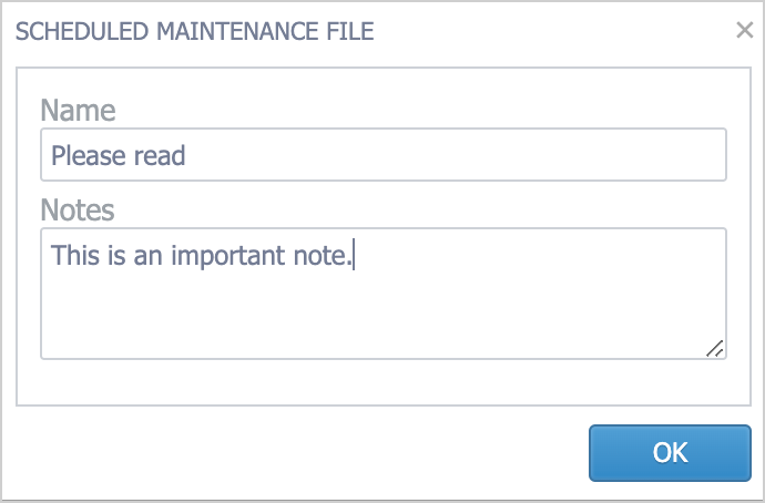Notes dialog box with sample info