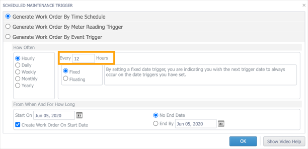 The Scheduled Maintenance Trigger window with the Every field highlighted.