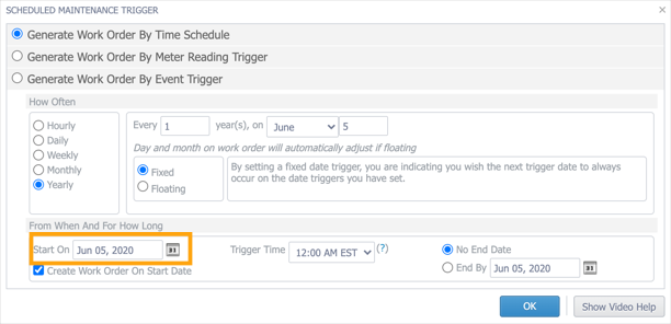 The Scheduled Maintenance Trigger window with the Start Date highlighted.