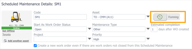 An active scheduled maintenance with the Active toggle highlighted.