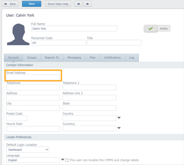 Account tab in the user account with Email Address field highlighted.