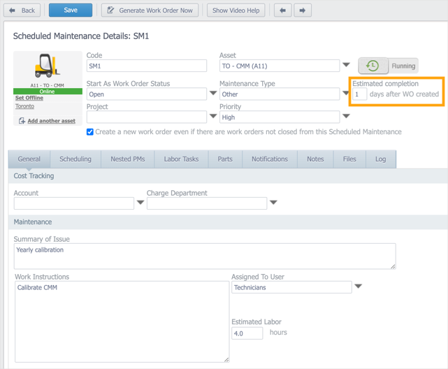 A scheduled maintenance with the Estimated Completion field highlighted.