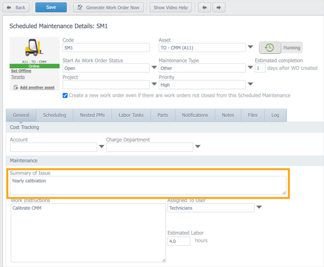 A scheduled maintenance with the Summary of Issue field highlighted.