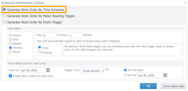 The Scheduled Maintenance Trigger window with the Generate Work Order By Time Schedule option highlighted.