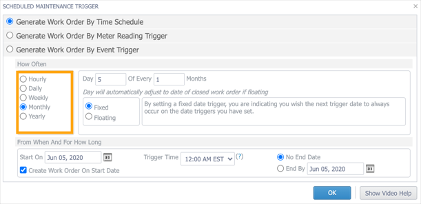 The Scheduled Maintenance Trigger window with the frequency options highlighted.