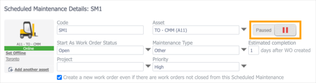A paused scheduled maintenance with the Status switch highlighted.