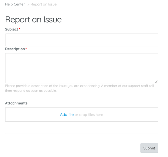 The Report an Issue form in the help center.
