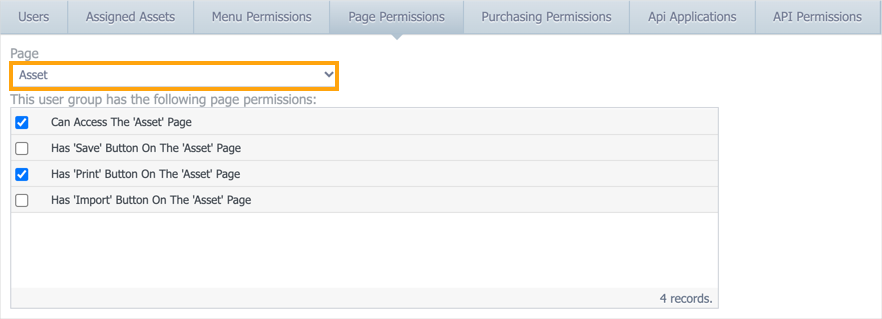 The Page Permissions tab, with Asset selected in the Page drop-down list. The list is highlighted.