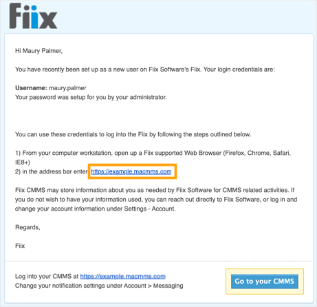 Welcome email with the organization's Fiix web app URL highlighted.
