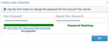 The Change User Password dialog with a new password entered in the New Password and Repeat New Password fields.