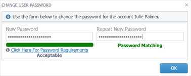 The Change User Password dialog with the New Password and Repeat New Passwords completed.