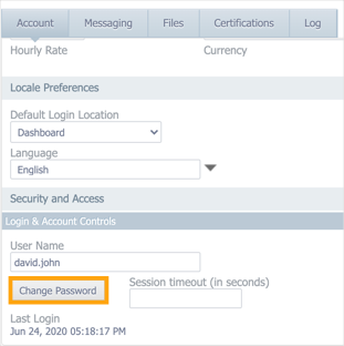 The Account tab of a user account with the Change Password button (in the Security and Access section) highlighted.