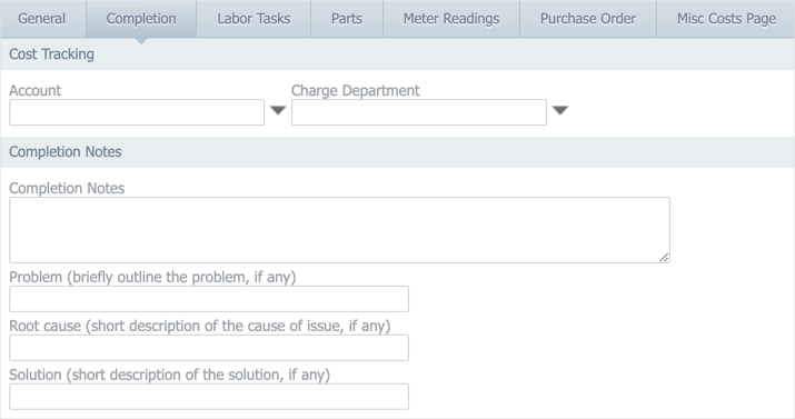 The Completion tab on a work order with the Problem, Root Cause, and Solution fields displayed.