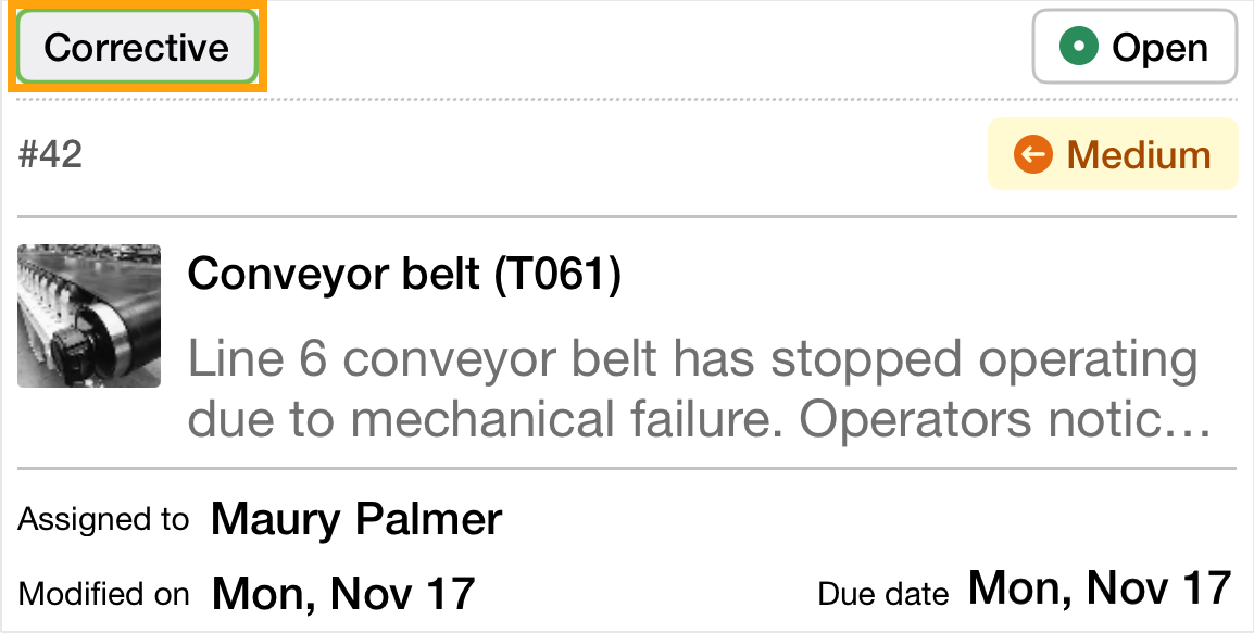 Work order card with highlighted maintenance type
