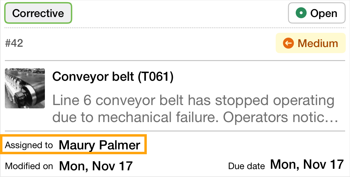 Work order card with highlighted assignment and assignee name