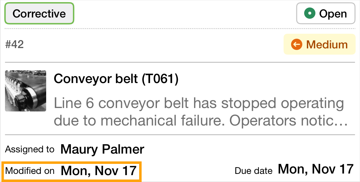 Work order card with highlighted modified on date