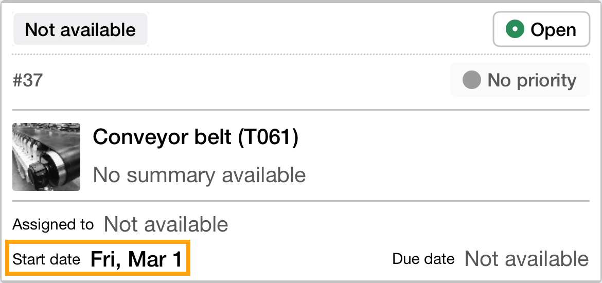 Work order card with highlighted start date field and sample start date
