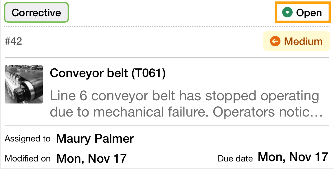 Work order card with status highlighted