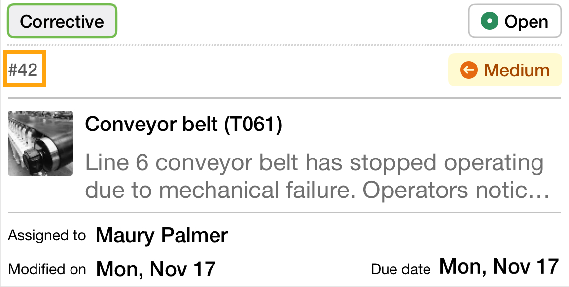 Work order card with highlighted work order code