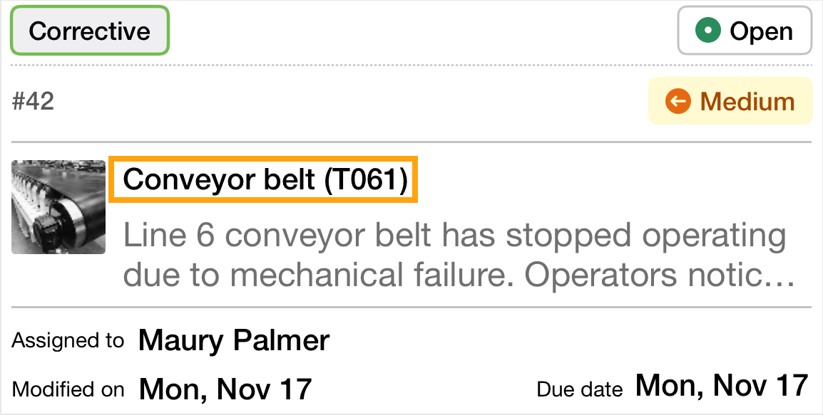 Work order card with highlighted asset name and asset code