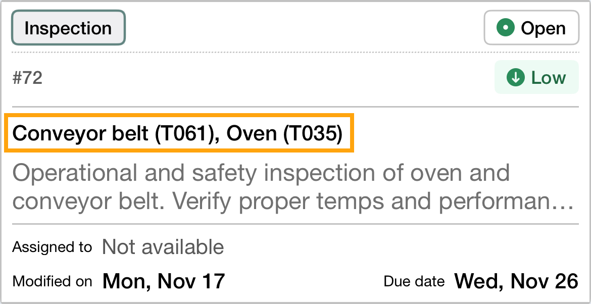 Work order card with highlighted asset names and asset codes, with multiple asset names listed and the asset image(s) not showing.