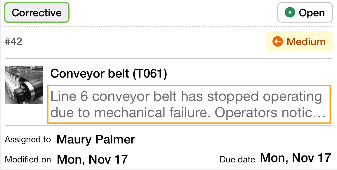 Work order card with highlighted summary of issue, truncated after 2 lines