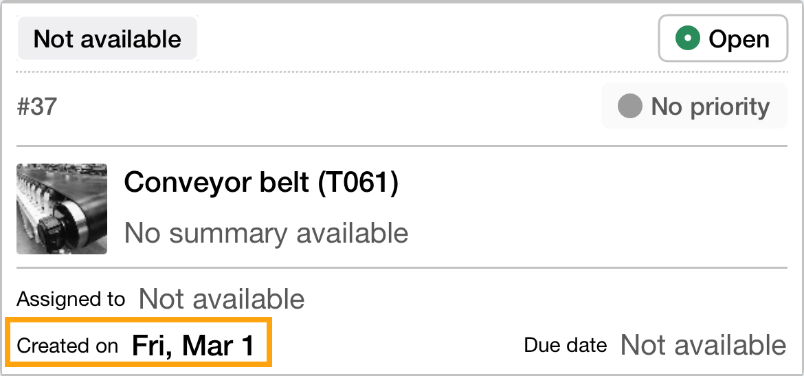 Work order card with highlighted created on field and sample creation date