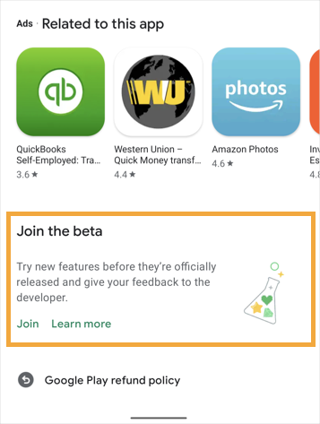 The Fiix CMMS app in the Play Store with the Join the beta section highlighted.