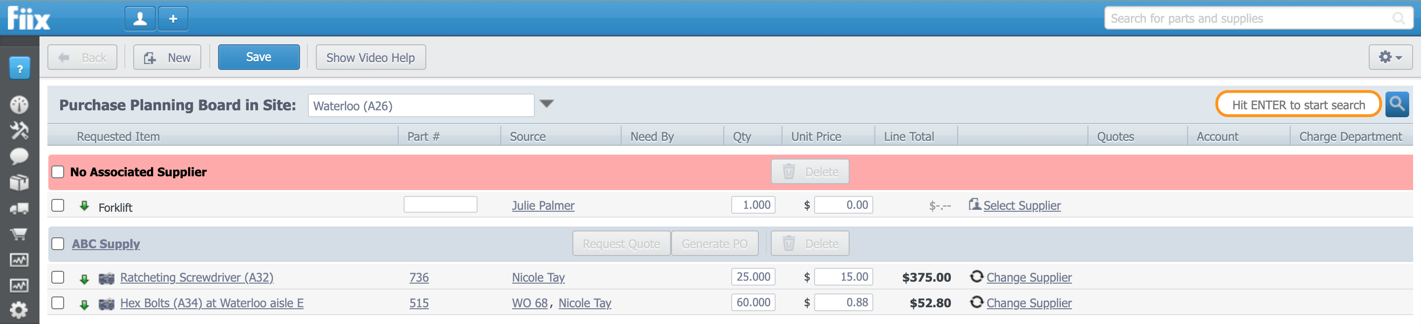 Purchase Planning Board with search bar highlighted.