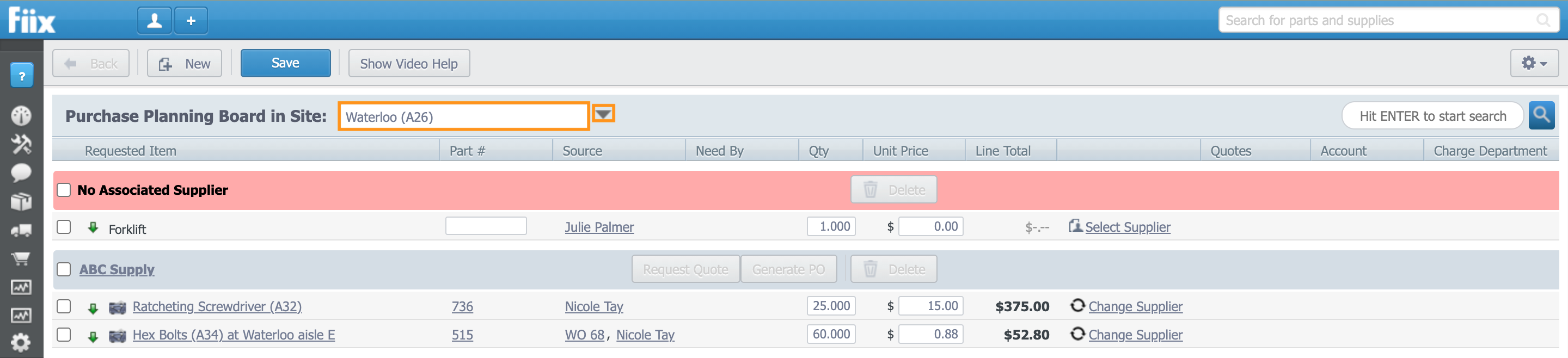 Purchase Planning Board with the search bar and drop-down icon highlighted.