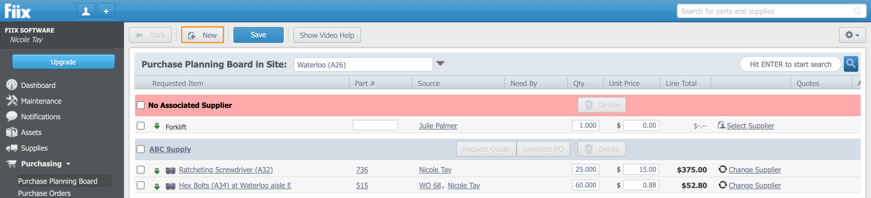 Purchase Planning Board with the New button highlighted.