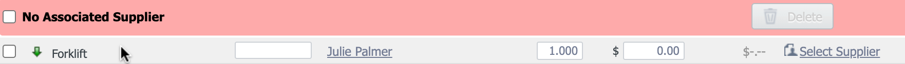 Cursor on the grey background of a line item.