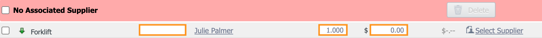 Line item with open fields highlighted.