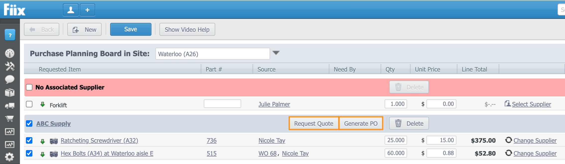 Purchase Planning Board with the Request Quote and Generate PO buttons highlighted.