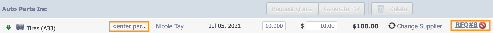Line item with hyperlinks highlighted.