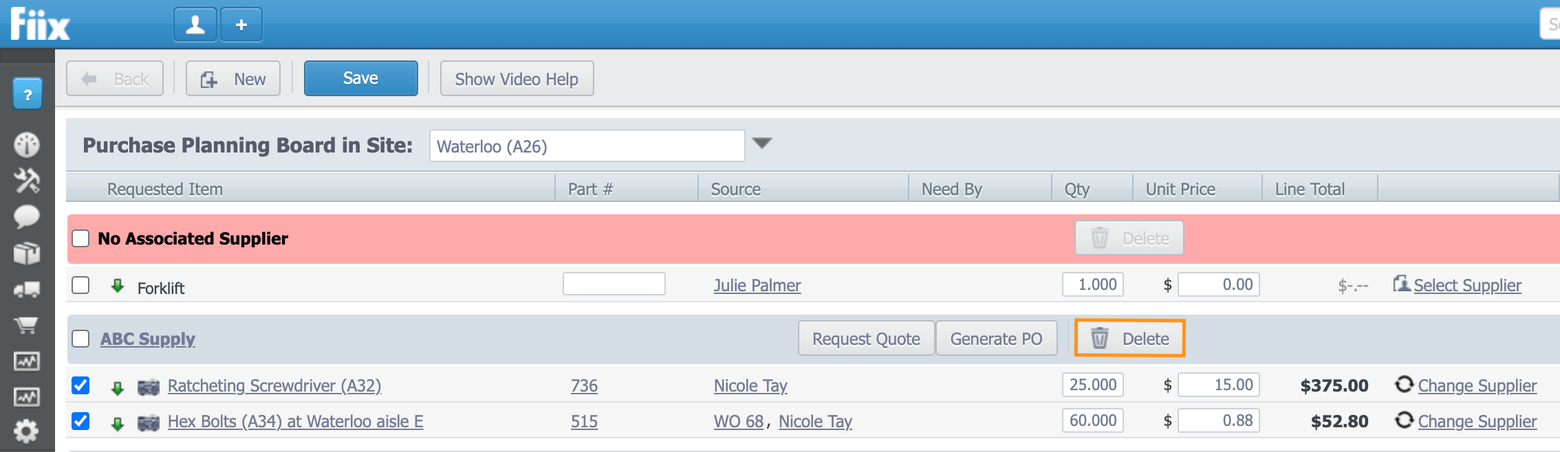 Purchase Planning Board with 2 requested items selected and the Delete button highlighted.
