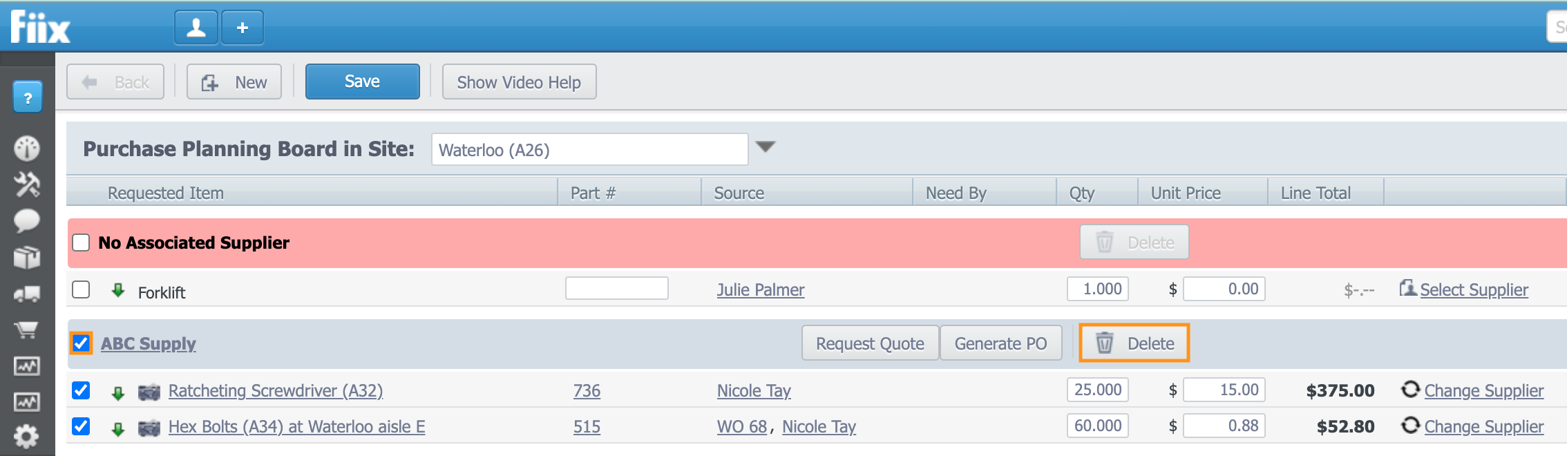 Purchase Planning Board with a supplier selected and highlighted with the Delete button.