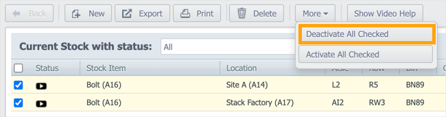 Multiple stock records selected with the More > Deactivate All menu item highlighted.