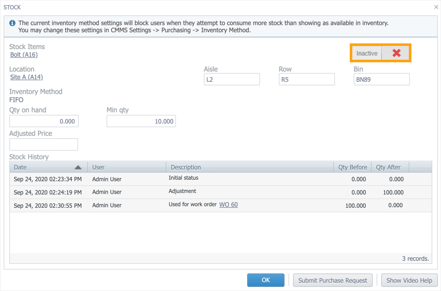 A stock record with the status toggle highlighted. The toggle is switched to Inactive.